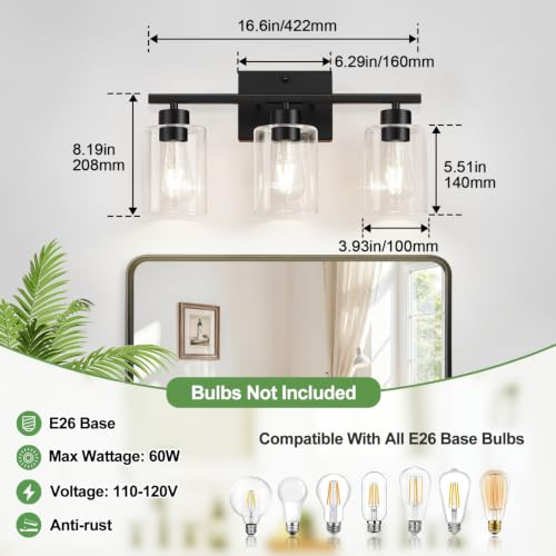 3-Light Bathroom Light Fixtures, Modern Black Vanity Light with Clear Glass Shades for Bathroom Vanity Lighting - color: Matte Black, size: 3-light