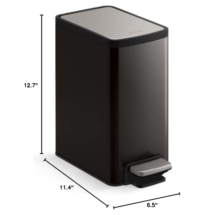 KOHLER 31319-BST Bathroom Trash Can, 1.6 Gallon, 6-Liter Step Can, Quiet-Close Small Trash Can with Foot Pedal, Black Stainless - color: Black Stainless, size: 1.6 Gallon - Step Can