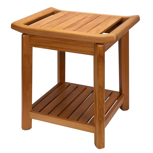 17" Teak Shower Chair with Storage Shelf & Handle, Non-Slip Waterproof Wooden Shower Bench, Stable Bathroom Seat and Heavy Duty Shower Stool for Tub or Indoor Use, Ideal for Elderly, Recovery