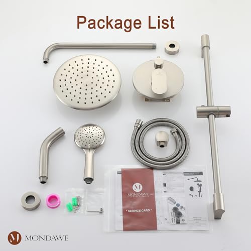 MONDAWE 9 Inch Wall Mounted Shower Faucet Set with Tub Spout in Brushed Nickel, Rainfall Shower Head with 3-Setting Handheld Spray Shower Combo, High Pressure Shower System with Solid Brass Valve - color: Brushed Nickel, style: 9 IN - With Tub Spout