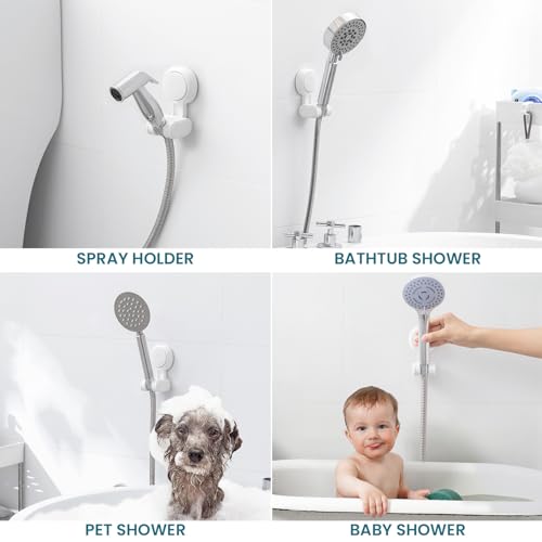 TAILI Shower Head Holder Suction,Adjustable Height & Angle,Universal,White | bathroom handheld shower wand bracket,no-drill removable waterproof,round,plastic,wall mounted,kids,pets,4.5" - color: Light White, size: Round