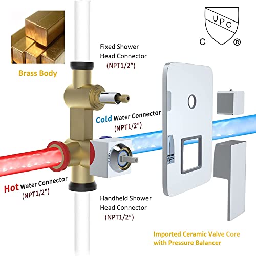 Ceiling Mount Shower Faucet Set 12 Inch LED Rainfall Shower Head Bathroom Rainfall Shower System with Handheld Spray Rough-in Valve Body and Trim Included, Chrome Finished - color: Polished Chrome, style: 12"-led