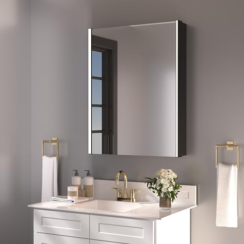 30 x 23-1/4 Inch LED Medicine Cabinet Lighted Bathroom Mirror, Defogger, Stepless Dimmable, 3000K/5500K Color Temperature Wall Mounted, Adjustable Shelf, Black