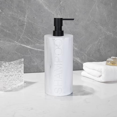 Resin White Marbled Shampoo Engraved Bottle Refillable Pump Dispenser, Durable Waterproof Construction for Bath, Shower - Resin White Marble - Matte Black Pump - color: Shampoo White