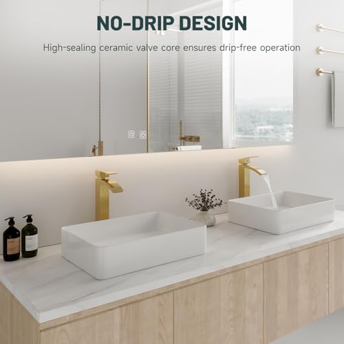 Brushed Gold Vessel Sink Faucet, Waterfall Bathroom Faucets | Brass, Tall Spout, Single Handle 1 Hole Bathroom Faucet, Modern Basin Taps with Supply Line, Pop Up Drain, Without Overflow - color: Brushed Gold, size: Tall