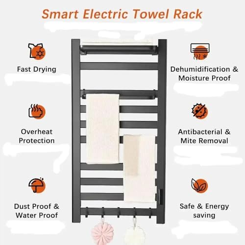 MOS Matte Black Electric Heated Towel Rack | Wall Mounted Towel Warmer with Digital Temperature Control Top Shelf Hooks Stainless Steel Towel Dryer for Bathroom - size: 21*66
