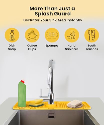 Sink Splash Guard – Pack of 2 Silicone Faucet Mats Non-Slip Foldable Drip Catcher for Kitchen & Bathroom, Green & Yellow 15.7 x 4.7 in Dish Soap & Sponge Hand Sanitzer Organizer Moho Prevention
