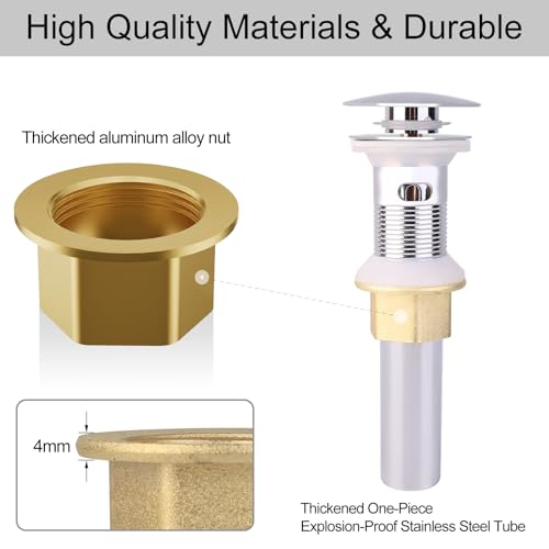 Bathroom Sink Drain with Overflow, Upgrade Big Cap Pop up Sink Drain Stopper with Basket Hair Catcher, Anti-Clog, Sink Drain Strainer Made of Brass and Stainless Steel, Chrome