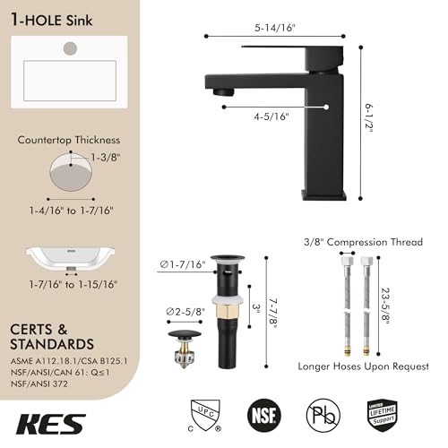 KES Black Bathroom Faucet Single Handle & Bathroom Sink Drain with Overflow, cUPC Certified Vanity Faucet with Pop Up Drain Stopper Stainless Steel Matte Black, L3156ALFF12-BK-C2 - color: Black, style: w/ Drain (WITH Overflow) - Short Faucet