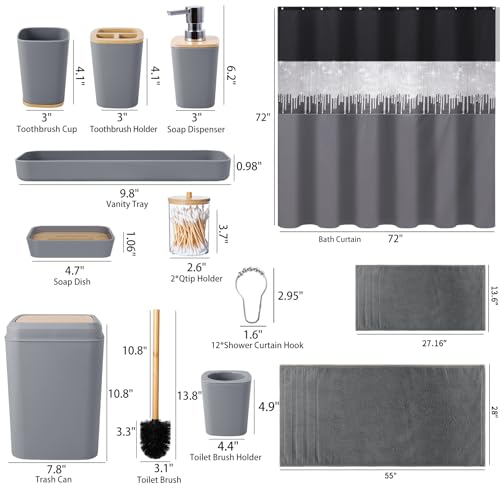 Bathroom Accessory Set – Bathroom Set with Glitter Shower Curtain, Towel Set,24 Piece Grey Shower Curtain, Bathroom Accessories Set with Shower Curtain Set for Home Decor - size: Bath Set+Shower Curtain, style: Grey