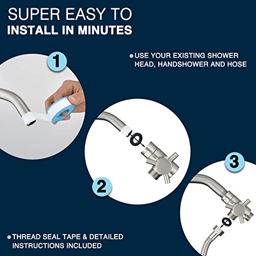 PDPBath Brass 3 Way Shower Arm Diverter Valve for Handheld Shower Head and Fixed Shower Head, G1/2 Universal Connection - Brushed Nickel - color: Brushed Nickel-1