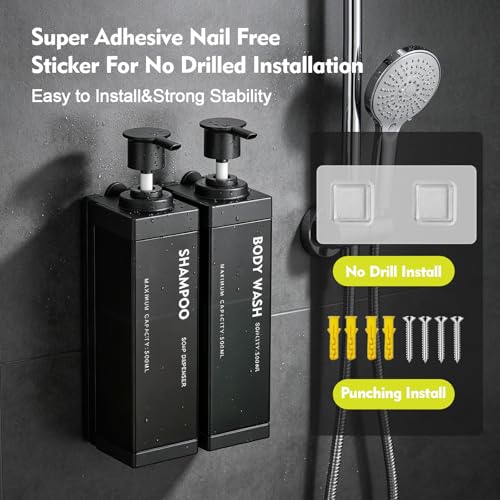 Wall Mounted Lockable Shampoo and Conditioner Dispenser | 17oz Large Pump Head No Drill Refillable ABS Plastic Bottle For Bathroom Shower Commercial Use Black 2 Pack - color: Black, size: 2