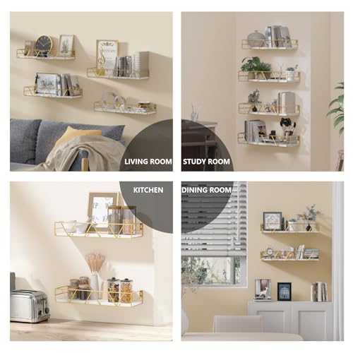 Floating Shelves Set of 4, Wood Wall Shelf, Farmhouse Shelf for Bedroom | Wall Mounted Floating Shelf for Living Room, Bedroom, Bathroom, Kitchen, Office - color: Gold-4pcs
