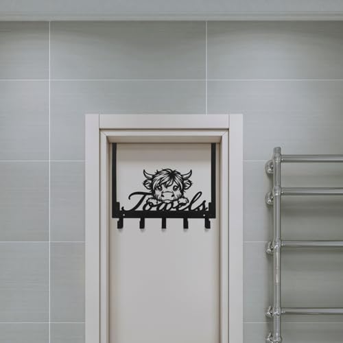 Kathfly Highland Cow Over the Door Hooks Highland Cow Towel Hooks Heavy Duty Hanging Towel Rack Over Door Hanger, 5 Coat Hanger for Bedroom Bathroom Kitchen, Black - color: Black, style: Highland Cow
