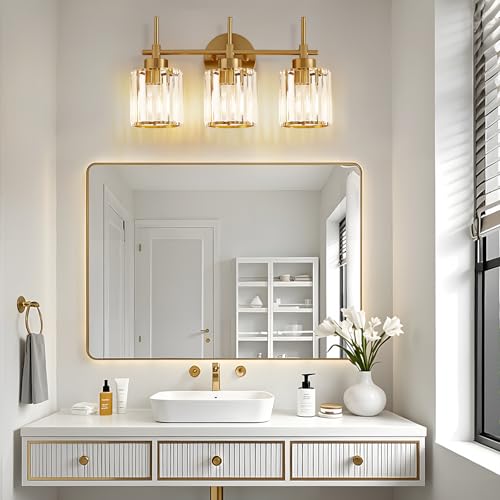 EJIAXIN Bathroom Lighting Fixtures, 3 Light Gold Bathroom Light Fixtures with Clear Shades Modern Crystal Vanity Light Bath Room Vanity Lighting Over Mirror Wall Light - color: Gold 3 Light, size: 3 Light