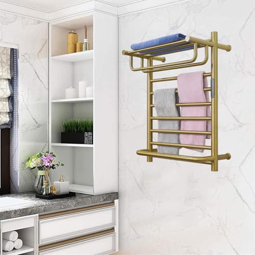 Gold Wall Mounted Heated Towel Rack, Gold Towel Warmer Rack for Bathroom, Timer & Temperature Control Electric Towel Drying Rack with Top Shelf (14 Bars with Top Shelf Brushed Gold A, Hardwired) - color: 14 Bars With Top Shelf Brushed Gold a, size: Hardwi