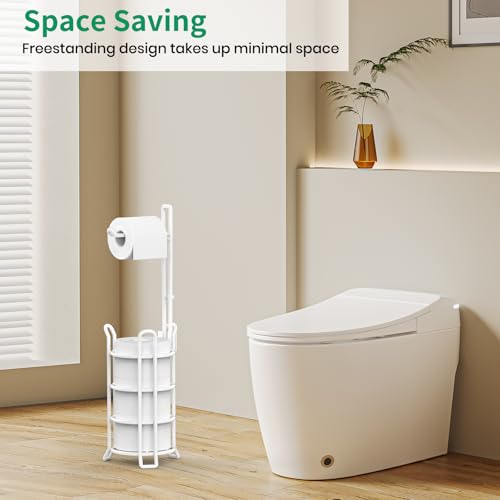 TomCare Toilet Paper Holder Stand Free Standing, Holds 4 Mega Rolls, White | Tool-Free Assembly, Detachable Metal Wire Frame, Powder-Coated Finish, Easy Storage and Flexible Bathroom Placement - color: White, size: Standard