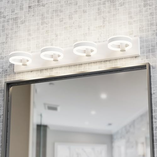LED Bathroom Light Fixtures, 33inch White Vanity Lights, Modern 4 Light Acrylic Wall Sconces, 350° Rotatable Wall Lighting Fixture Over Mirror - color: White, size: 4 Lights