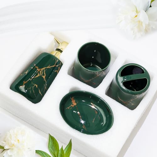 CERBIOR Bathroom Accessories Set,4 Pcs Ceramic Bathroom Accessory,Green | Includes Toothbrush Holder, Toothbrush Cup, Soap Dish for Decorative Countertop and Housewarming Gift - style: Dark Green
