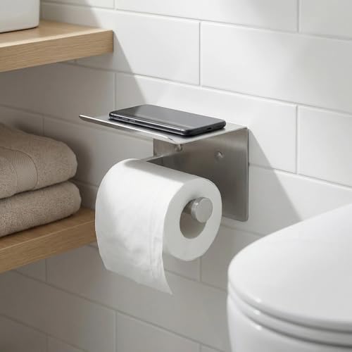 Toilet Paper Holder with Shelf, Heavy-Duty Stainless Steel Bathroom Hardware, Self-Adhesive No-Drill/Drill-Mount Wall-Mounted Roll Holder, Rust-Proof Bathroom Tissue Rack(Brushed Nickel) - color: Brushed Nicke