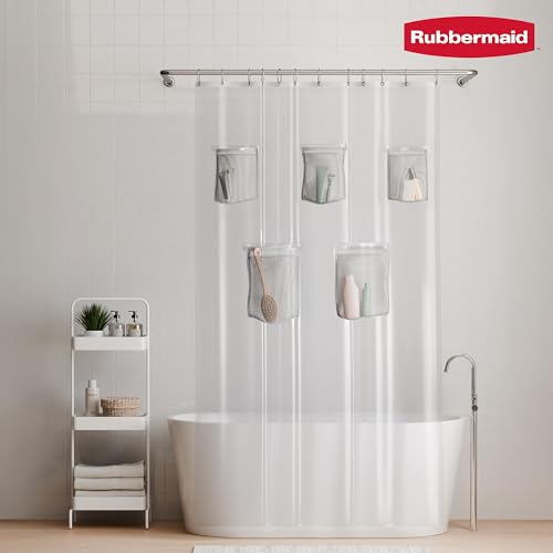 Rubbermaid Heavyweight PEVA Shower Curtain Liner with 5 Mesh Storage Pockets, Waterproof Shower Liner with Rustproof Metal Grommets, BPA-Free, 70 x 72 Inches, Clear with Grey Grommets and Pockets - color: Clear, size: 70"W x 72"L (Pack of 2), style: With