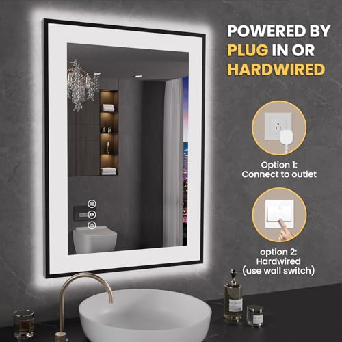 LOAAO 20"X28" LED Bathroom Mirror Black Framed | Anti-Fog, Dimmable, Memory Function, Tempered Glass, Lighted Vanity Mirror for Wall - size: 20"L x 28"W