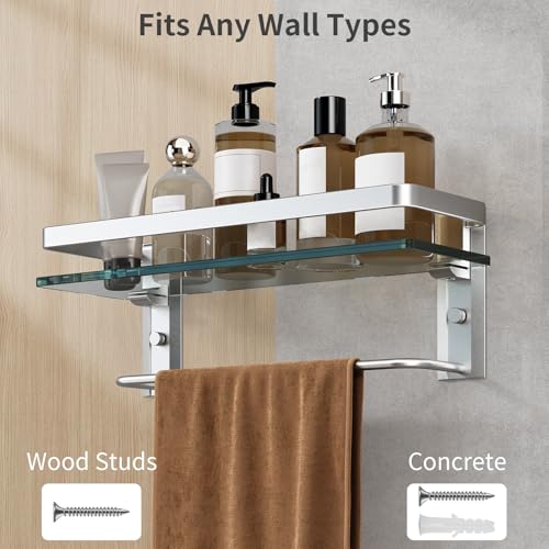 Bathroom Wall Shelf with Towel Bar, Clear Tempered Glass, Hand Towel Holder (Matte Silver) - color: Silver, size: Shelf with Towel Bar