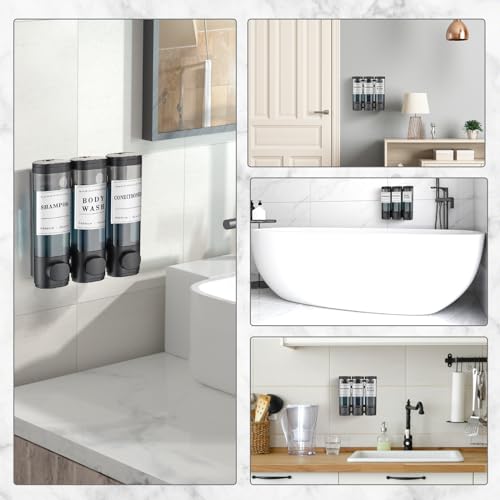 3 Chamber Wall-Mounted Shampoo and Conditioner Dispenser for Shower - No Drill, Large Capacity Soap Dispenser for Bathroom and Hotel, Black - color: Black
