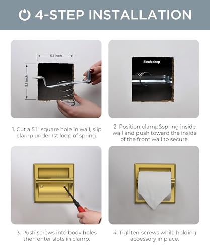 FORIOUS Recessed Toilet Paper Holder for Mega Rolls, Brushed Gold | Stainless Steel Tissue Roll Holder Wall Mount for Bathroom Space-Saving Design, in Wall Toilet Paper Dispenser Insert - color: Gold