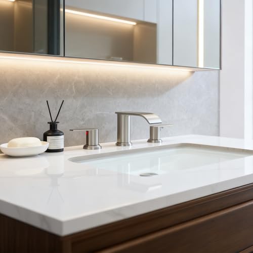 Waterfall Bathroom Faucet 3 Holes, 8 Inch Brushed Nickel Widespread Faucet Bathroom with Pop Up Drain Bathrooms Basin Lavatory Mixer Tap with Deck Mount Plate - color: Brushed Nickel, size: 8 Inch
