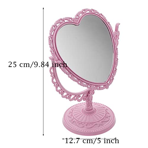 AKOAK Heart-Shaped Cosmetic Mirror, Pink | Plastic, Double-Sided, Rotatable, Lightweight - color: Pink