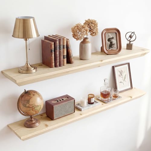 Acovy 30in Solid Spruce Wood Floating Shelves with Beveled Bottom Edges, Wooden Floating Shelf with Heavy-Duty Bracket for Living Room Bathroom Bedroom Kitchen, Rustic Natural, DIY Available, 2 Packs - color: Rustic Natural, size: 30"-2 Packs