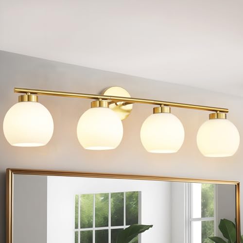 4 Light Bathroom Vanity Light, Gold Bathroom Light Fixtures Over Mirror, Mid Century Modern Wall Light with Frosted Globe Glass Shades, 32 inch Brass Vanity Lights, E26 Socket - color: Gold & Milky White Glass, size: 4-Light