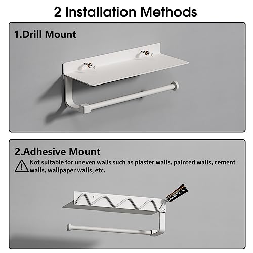 White Paper Towel Holder with Shelf Wall Mount, Adhesive Hand Towel Holder for Bathroom, Kitchen Towel Holder - color: White