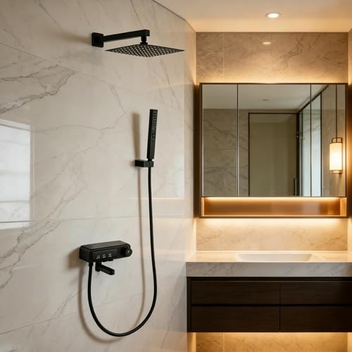 Rainfall Showerhead and Handle Set, 10" Bathroom Shower System, 3 Functions Wall Mounted Shower Faucet Complete Combo Solid Brass with Foldable Tub Spout Modern Bathtub Faucet Shower Trim Kit - color: Matte Black