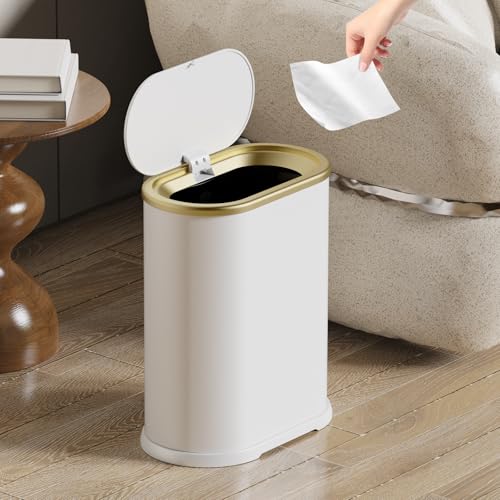KSSKSS 1.8 Gallons Small White Bathroom Trash Can with Lid, Slim Bathroom Garbage Bin, Dog Proof Trash Can with Pop-Up Lid for Bedroom,Toile, White - color: Matt White