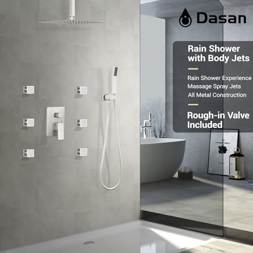 DASAN Full Body Shower System with 6 PCS Body Spray Jets & 12'' Rain Shower Head & Handheld, Ceiling Mount Rain Shower System Brushed Nickel Shower Faucets Sets Complete with Valve, SA-SS03ABN-S12C - color: Brushed Nickel