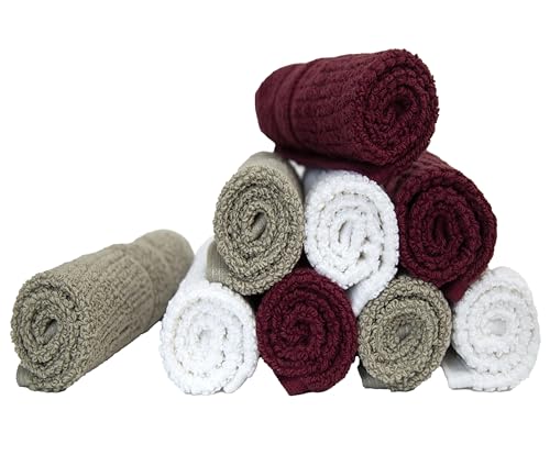 PH Pleasant Home Ribbed Wash Cloths Set - 12 Pack (12” x 12”) – 509 GSM - 100% Ring Spun Cotton Wash Cloth - Super Soft and Highly Absorbent Face Towels (Maroon, White & Tan) - color: Maroon, White & Tan, style: Ribbed