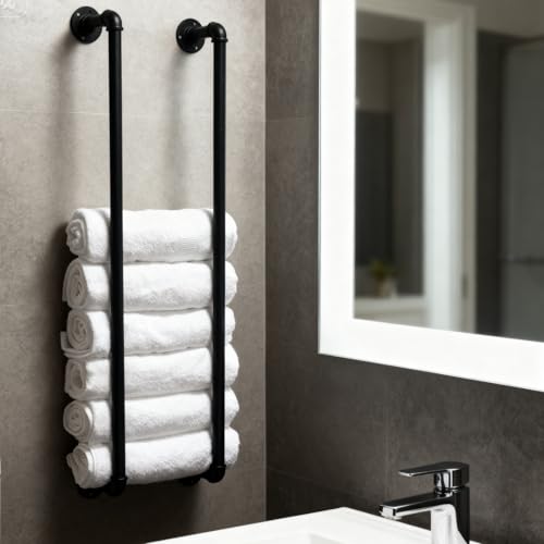 Industrial Pipe Towel Rack for Bathroom Wall Mounted,Towel Holder Black | 36 Inch,Made of Galvanized Steel,Easy To Install,Hold Up To 9 Regular Size Bath Towels,For Farmhouse Bathrooms Laundry Rooms - size: 36 Inch