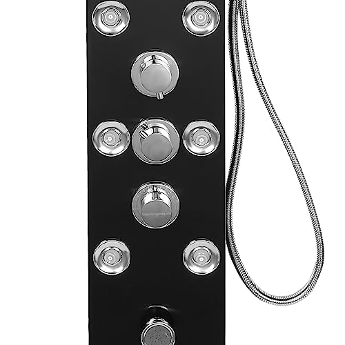 Black LED Shower Panel Tower System with 8 Massage Body Jets, Stainless Steel 6 IN 1 Shower Tower with Rainfall Waterfall Shower Head and Handheld, Multi-Function Bathroom Shower Panel
