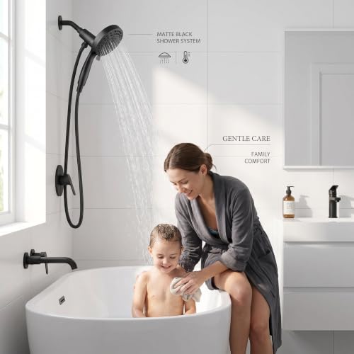 High Pressure Handheld Shower Head Matte Black- Anti-clog Nozzles, Built-in Power Wash to Clean Tub, Wall & Overhead Brackets,Magnetitc Rainfall Showerhead hand held - color: Black