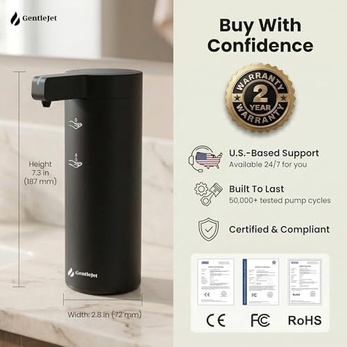 GentleJet SmoothDrop Automatic Liquid Soap Dispenser Touchless, No-Drip Precision Pump, USB-C Rechargeable, 304 Stainless Steel, Waterproof Countertop Dispenser for Kitchen & Bathroom Sink, 270 ml - color: Black