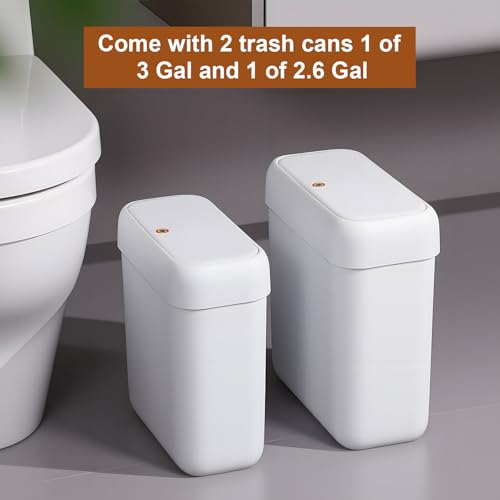 funest 2 Pack Bathroom Trash Can with Lid, 3 Gal/12 L & 2.7 Gal/10L Garbage Can with Pop-Up Lid, Small Spaces Plastic Trash Can, Slim Trash Bin Waste Basket for Bathroom,Rv, Office, White - size: 2 Pack (3 Gallon + 2.7 Gallon)