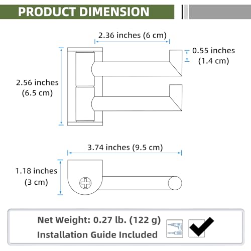 Swivel Towel Hook for Bathrooms with 2 Rotating Arms, Matte Black | Rustproof 304 Stainless Steel, Heavy Duty 11 lbs Double Wall Hook for Towel, Coat, Bag, Kitchen or Entryway, Drilling Mounted