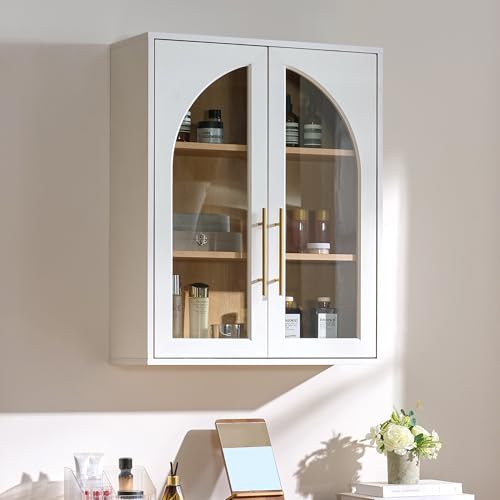 Bathroom Wall Cabinet, 23.5×31.4'' Storage Cabinet, Arched Cabinet Wall Mount with Adjustable Shelf & Glass Doors, Medicine Cabinet for Laundry Room, Bathroom, Kitchen, Living,White/Natural Oak,1PC - color: White/Natural Oak