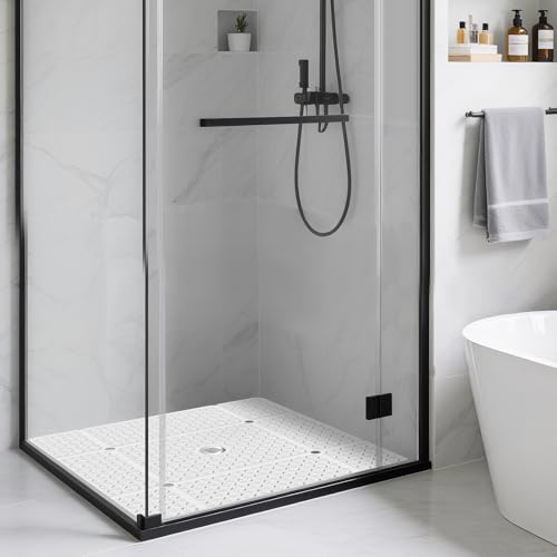 Yolife Square Shower Mat, 27" x 27" Large Shower Mat with Center Drain Hole, Soft TPE Non Slip Shower Mats for Inside Shower with Suction Cups, Anti Slip Washable Shower Floor Mat, White - color: White