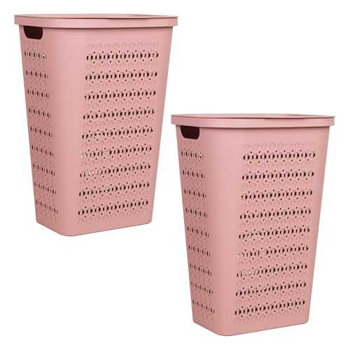 Mind Reader Slim Tapered Laundry Hampers with Lid, Clothes Basket with Swiss Cross Cut-Outs, Lightweight & Ventilated, Plastic, Set of 2, Pink - color: Pink