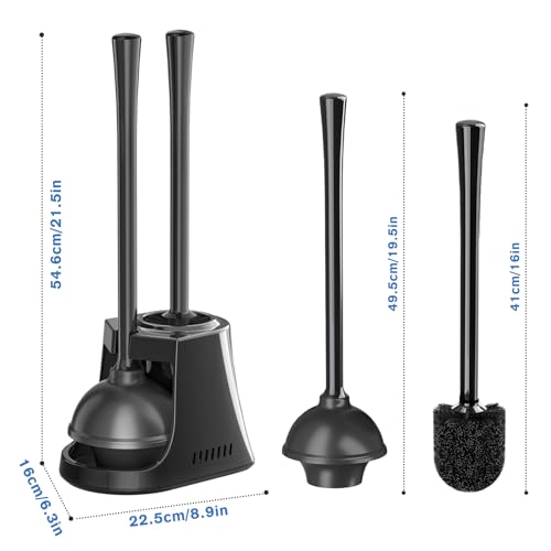 LOVLOY Toilet Plunger and Brush, Bowl Brush and Heavy Duty Toilet Plunger Set with Ventilated Holder, 2-in-1 Toilet Brush and Plunger Combo for Bathroom Cleaning (2 Pack, Black) - color: Black