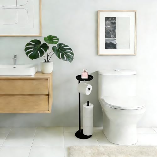 Toilet Paper Holder Black Metal Free Standing Bathroom Paper Holder Stand with Anti-Slip Base and Storage Shelf,Roll Tissue Holder Dispenser for 4 Reserve Rolls