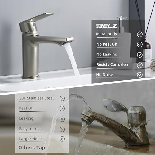 BELZ Nickel Bathroom Faucet 2 Sets,Lead-Free Single Hole Vanity Sink Faucet | NSF372 Certified, Anti-peeling PVD Nickel Finish, Water-saving & Anti-splash, Single Handle Modern Design with Hot/Cold Hoses - color: 2 Pack-Brushed Nickel